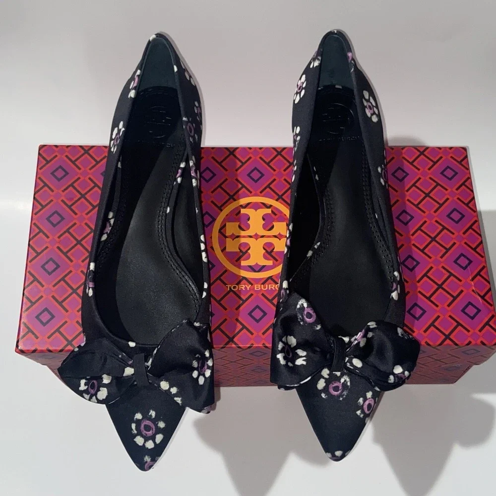Tory Burch Ballet Flats Rosalind Black Floral Print Satin NEW Womens Size 6 $250